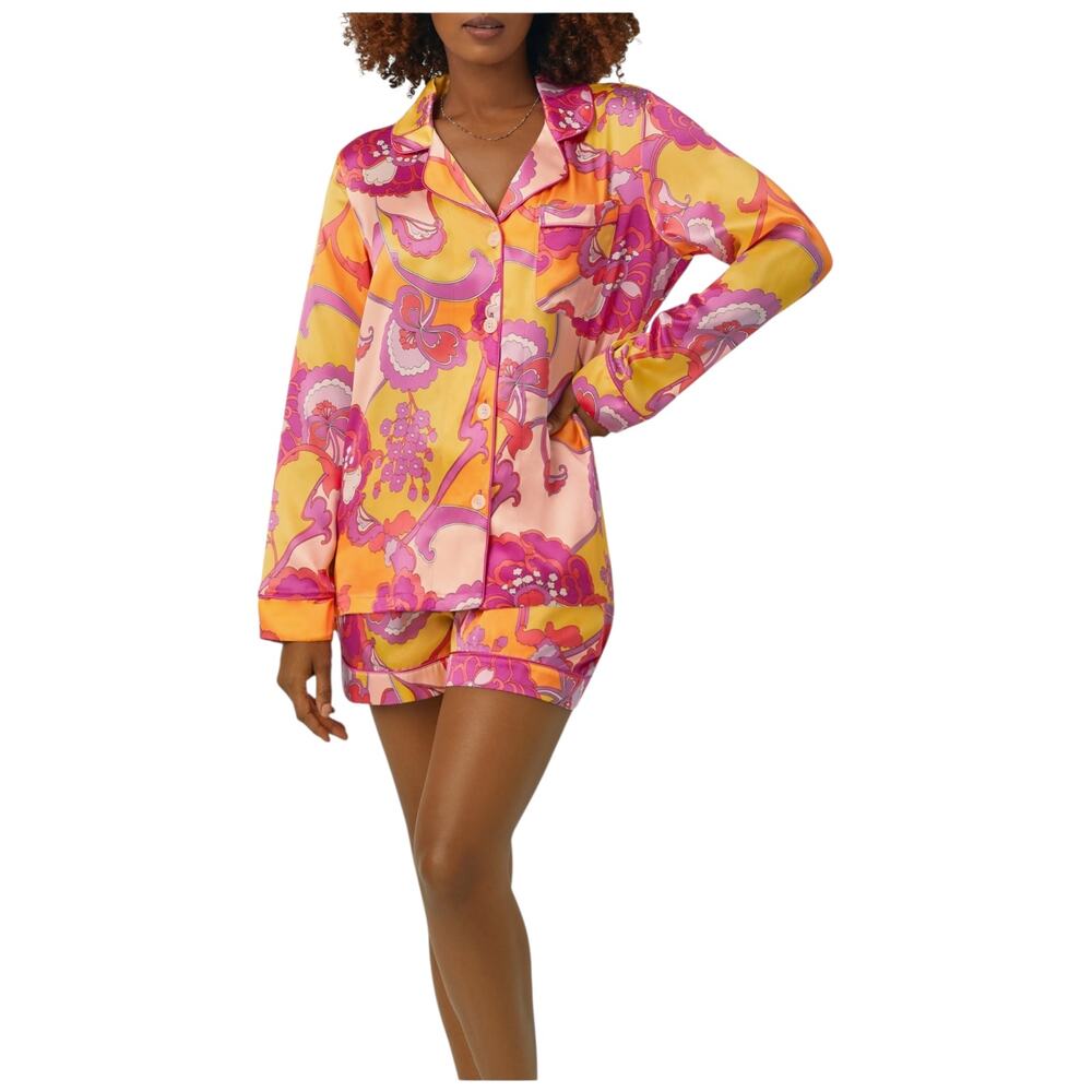 NWT BedHead x Trina Turk Apache Bloom Print WASHABLE SILK Shorts L/S PJ Set XL